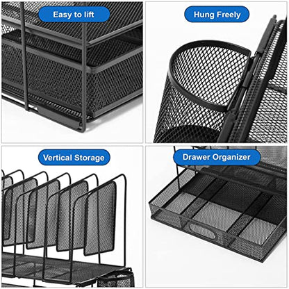 Restorgan Mesh Desk Organizers, Desk Organizer with drawer, 4-tier Mesh Desk Organizer with 5 vertical file holders and 2 pen holders.