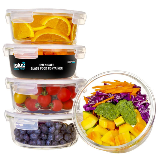 Igluu Meal Prep Round Glass Food Storage Containers with Lid (5-Pack + 1 Spare Lid) – microwave, oven, freezer, dishwasher safe, leak-proof – 840 ml – 1 Compartment - BPA-free Borosilicate Glass
