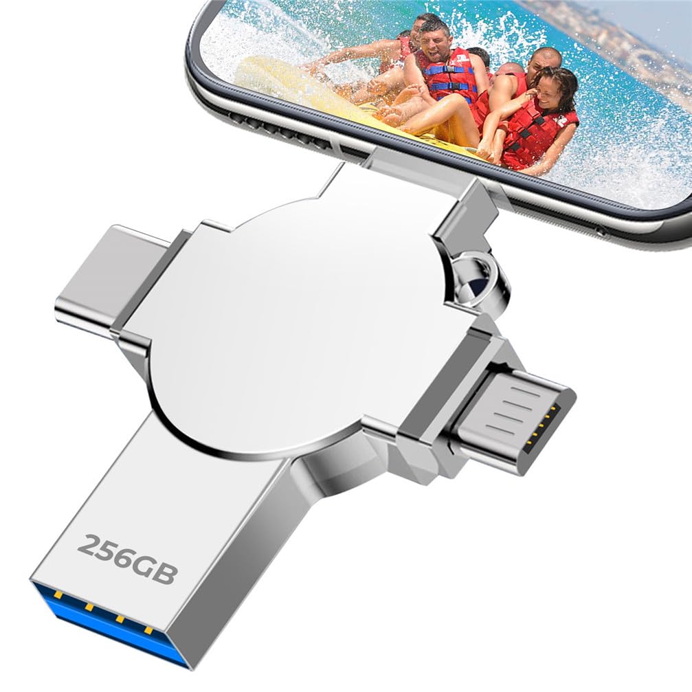 Tioreint USB Flash Drive 256GB USB 3.0 Memory Stick 4 in 1 Metal Photo Stick USB Drive Mobile External Storage for Smartphone Computer Laptop OTG Android PC Pad