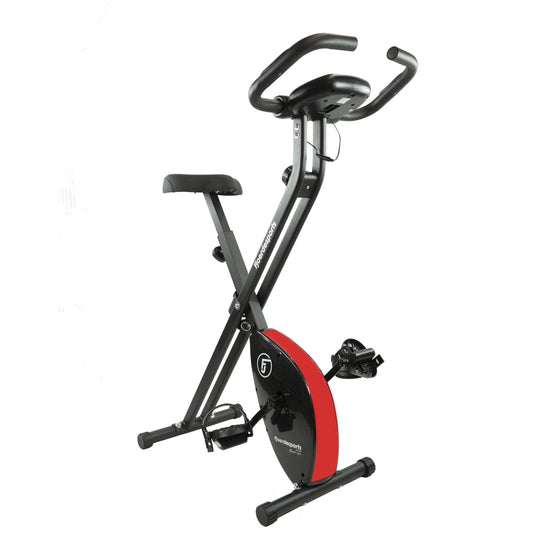 Fjoerdesport Folding Exercise Bike Trainer, fitness bike with LCD training computer, collapsible home trainer with pulse measurement, max user weight 110 kg, 8 resistance levels (Red)