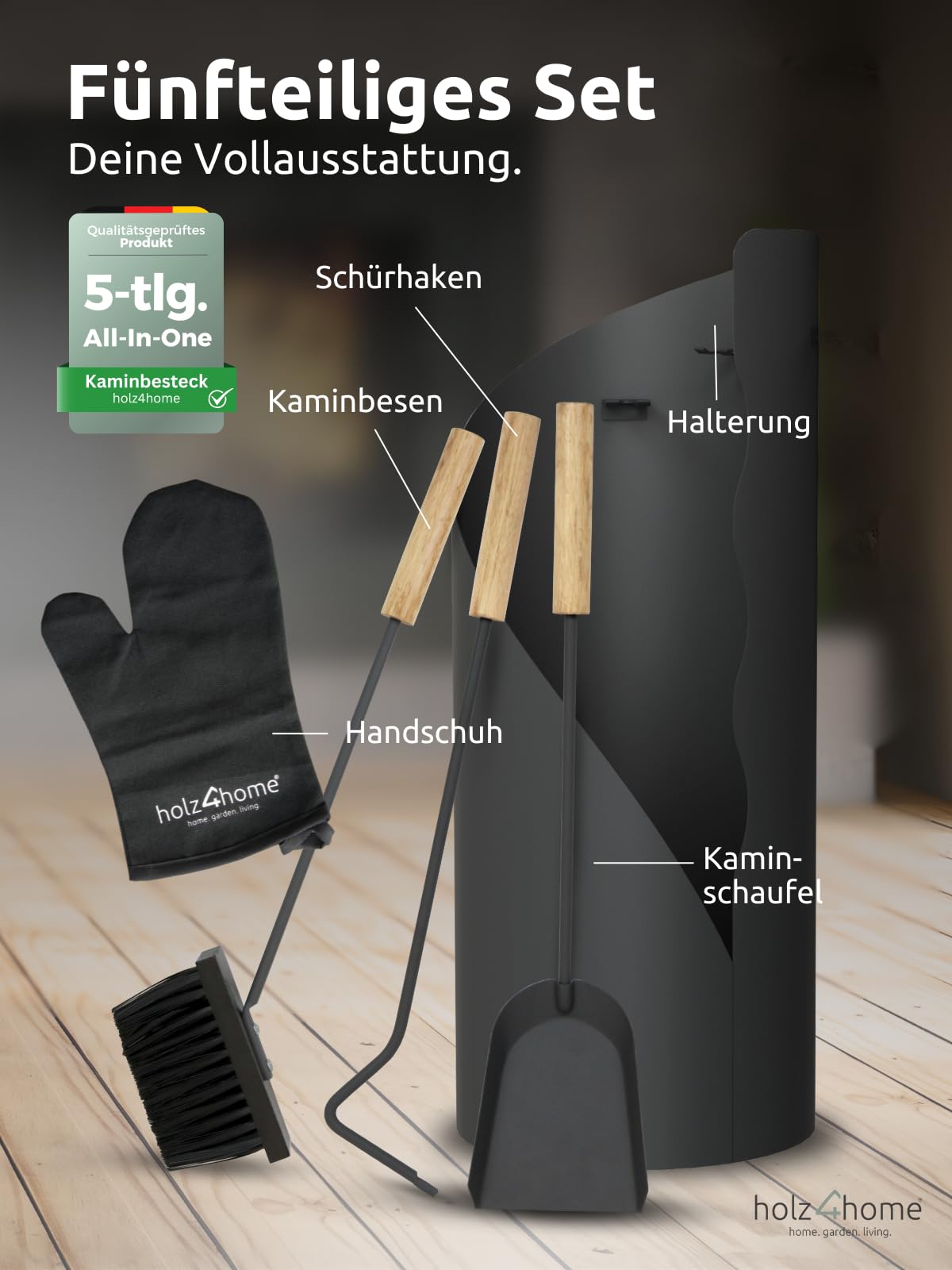 wood4home® fireplace tool set 5 pieces. Gray-black with wooden handle including oven glove I fireplace set fireplace tool set anthracite stove tool poker brush ash shovel