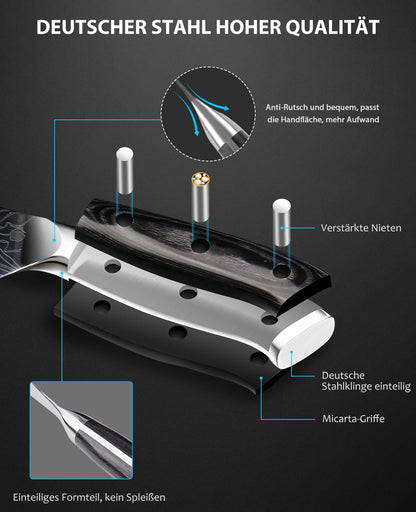 MOSFiATA chef's knife, kitchen knife, meat knife professional 20CM made of EN.4116 German stainless steel sharp blade ergonomic with finger guard and knife sharpener in gift box.