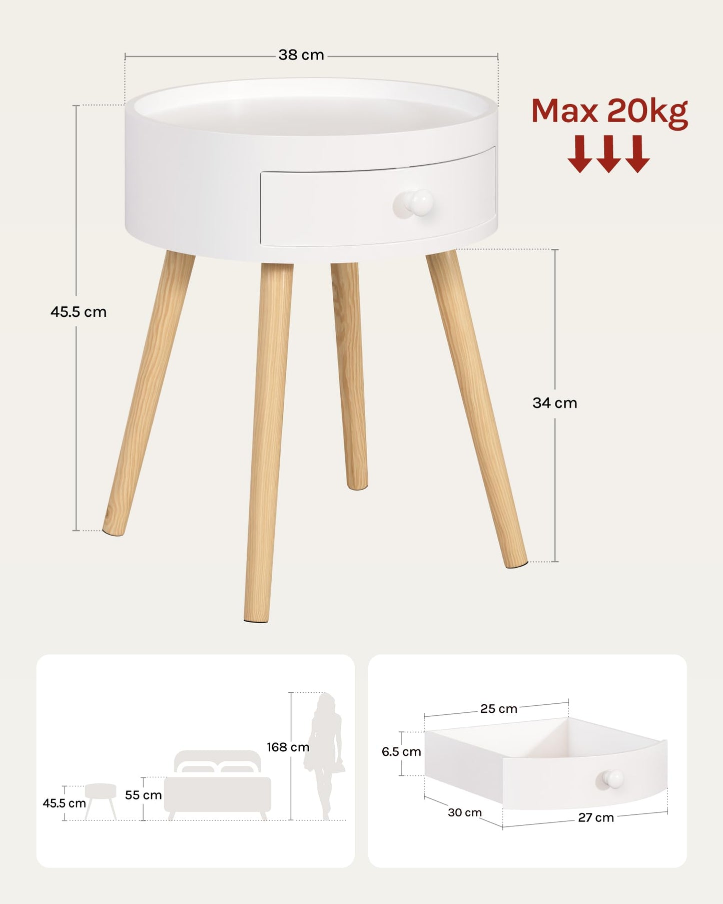 WOLTU Set of 2 Nightstands Bedside Tables Nightstands Side Table, with Drawer, with Legs, Wood, MDF, White, TS111ws-2