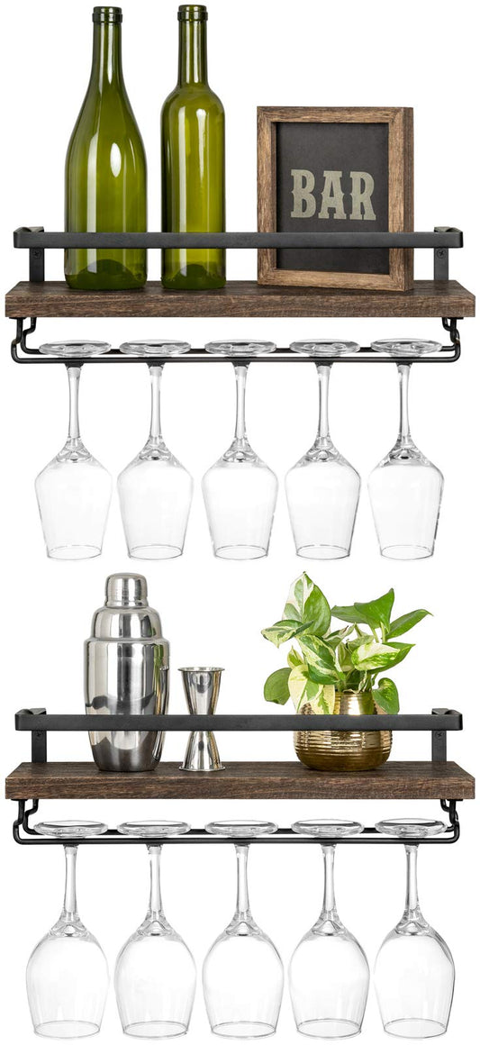 Mkono Wall Mounted Wine Racks 2 Pack Wood Rustic Wine Bottle Glass Floating Shelves with Stemware Holder Modern Wine Display Storage Holders for Kitchen Dining Room Bar