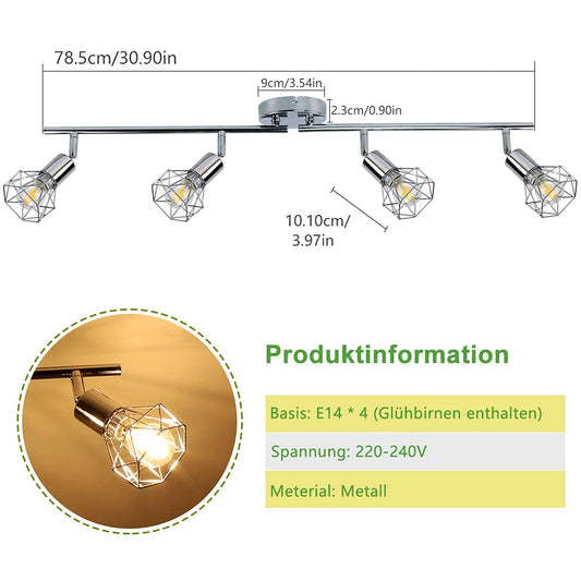 PADMA LED ceiling lamp kitchen swiveling ceiling spotlight 4-flame retro/vintage 4 x 4W (bulbs included) ceiling light living room warm white 3000K 1280 lumens E14 for bedroom office hallway dining room