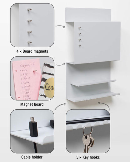 Offer wall organizer Hepe made of steel structure. 30 x 9 x 49 cm 3-in-1 wall shelf with magnetic board and magnets. Board for keys, newspapers, and notes. Gray color.