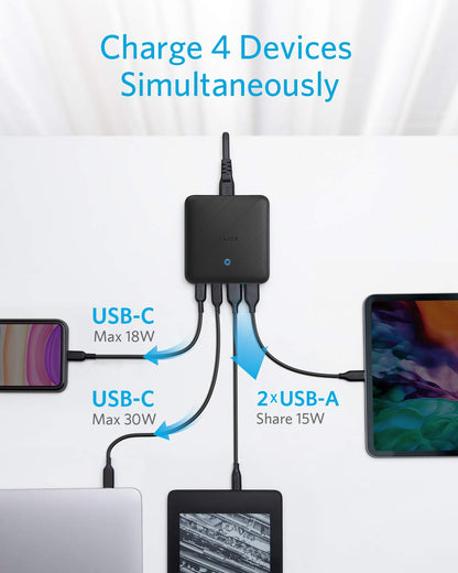 Anchor USB-C charger, 543 (65W II) PIQ 3.0 & GaN 4-port power supply, slim design, two USB-C ports (45W max), iPad charger for MacBook, laptop, iPad Pro, iPhone 16/15