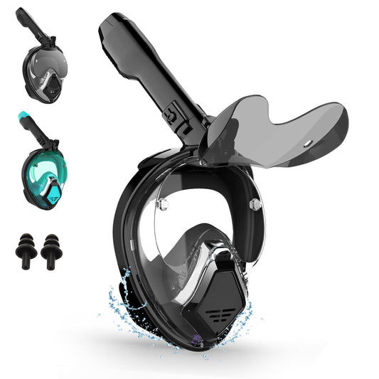 Adult snorkel mask, diving mask for adult man with foldable sun visor, full face mask with camera mount, 180° panoramic view and anti-fog, diving mask for glasses wearers.