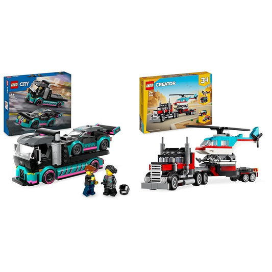 LEGO City Car Transporter with Racing Car, Truck Toy with Adjustable Ramp and Racing Car & Creator 3in1 Low Loader with Helicopter, Vehicle Set with Helicopter and Truck Toys