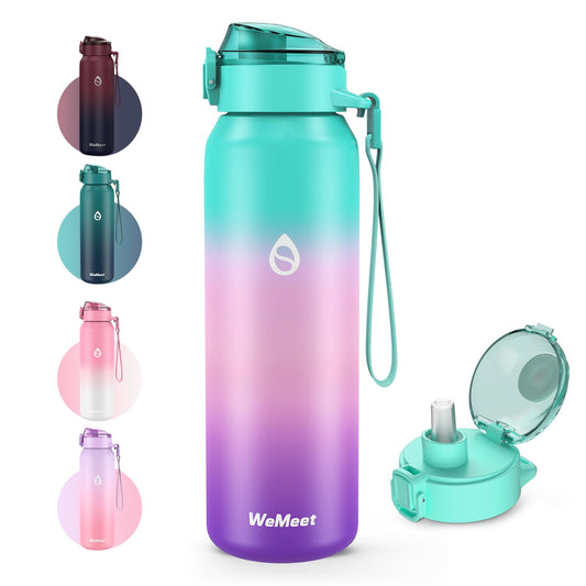 WEMEET stainless steel water bottle 1 liter with removable straw, [18/10 stainless steel] water bottle with removable straps leak-proof double-walled Tritan lid for bike, outdoor, school, gym