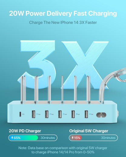 SooPii USB Charging Station 60W/12A, 6-Port Docking Station, Organizer for multiple devices with i Watch Holder, 6 cables included for phones, tablets, and other electronic devices.