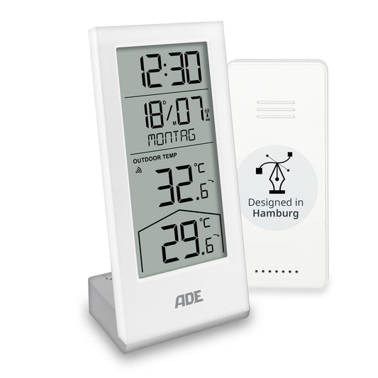 ADE digital radio controlled clock with temperature display and outdoor sensor | Thermometer for indoor and outdoor temperature | Trend indication | table clock with date and day of the week | including batteries | white