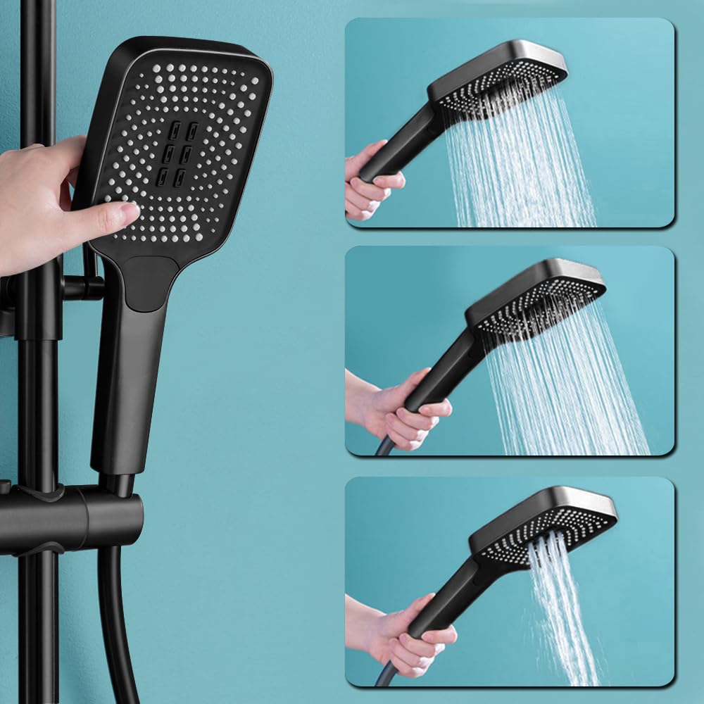 Black shower system, stainless steel shower set with shower faucet, rain shower with faucet and 3 spray modes shower head 86-120cm shower column shower set, 30x19 cm rain shower head, LED display shower set.