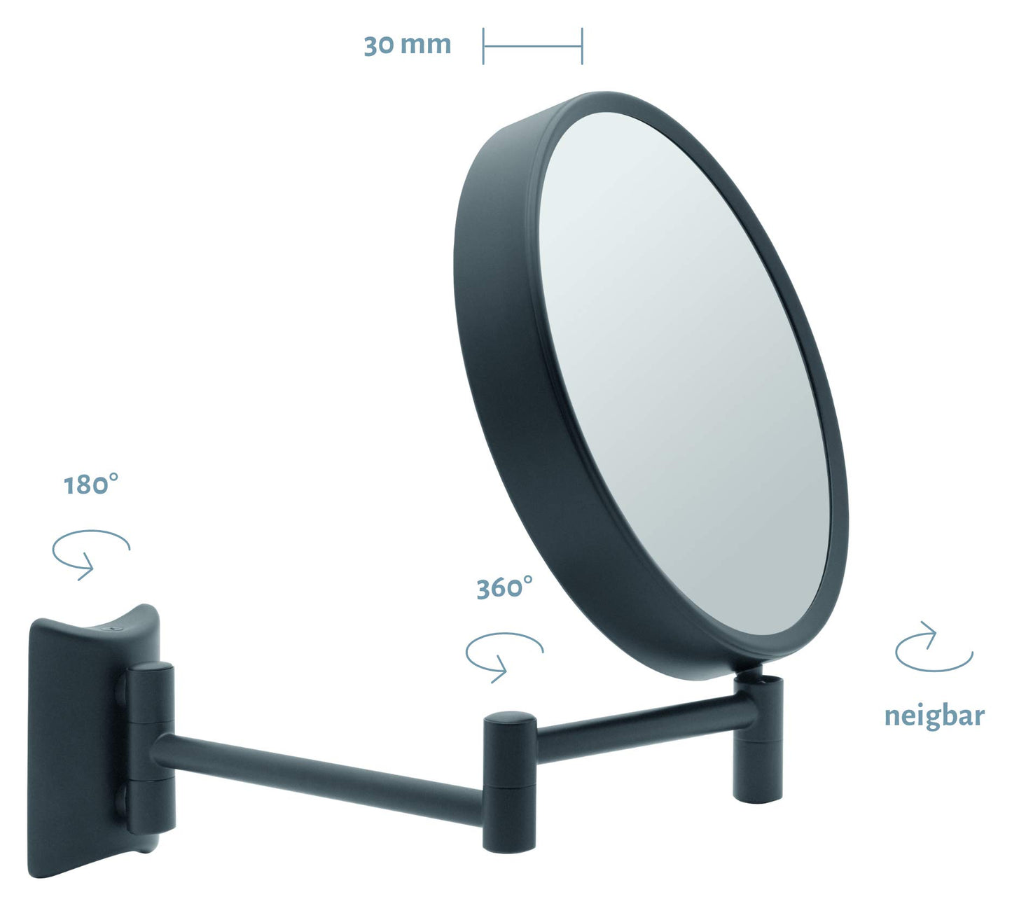 Libaro Makeup Mirror Imola - 360° rotatable vanity mirror with wall mount - double-sided shaving mirror with 3X & 7X magnification - extendable black metal bathroom mirror, Ø 19 cm