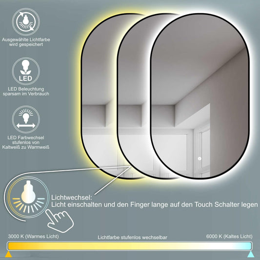HOKO Design LED light mirror oval 50x90 cm / 90x50 cm Palermo with black metal frame. Mountable vertically or horizontally. LED illuminated bathroom wall mirror, touch switch + light change warm white - cool white - neutral.