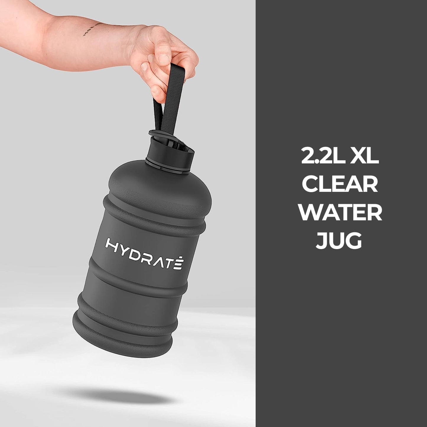 HYDRATE XL Jug, water bottle, BPA-free, leak-proof, flip lid, perfect for gym, sports, and on the go, clear water container, durable material, matte black, 2.2 l