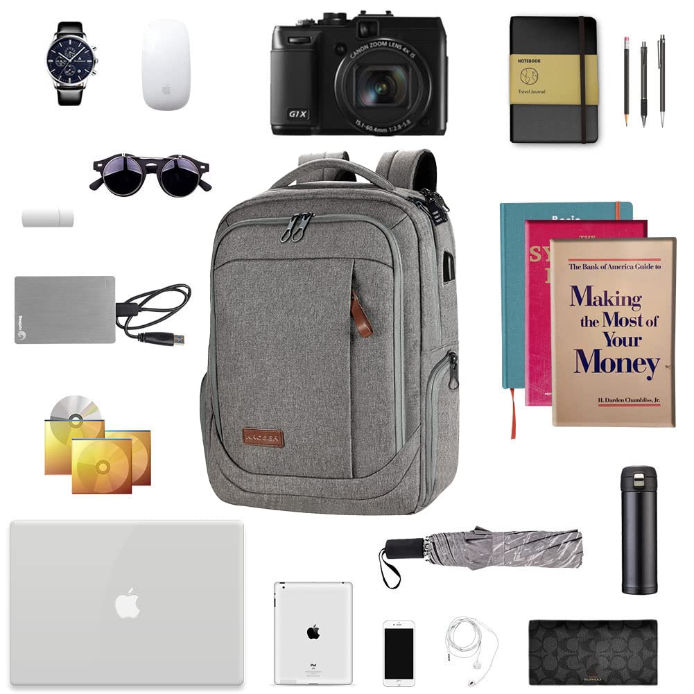KROSER Laptop Backpack Schoolbag 17.3 Inch Travel Backpack Carry-on Daypack Water-Resistant Multifunction Laptop Bag for Business/School/Travel/Women/Men-Gray