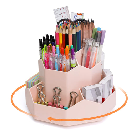 FRETONBA Rotating Pencil Holder Desk Organizer, Office Organizer Pen Organizer with 9 Compartments, 360 Degree Rotating Pen Holder, Large Capacity, Pink