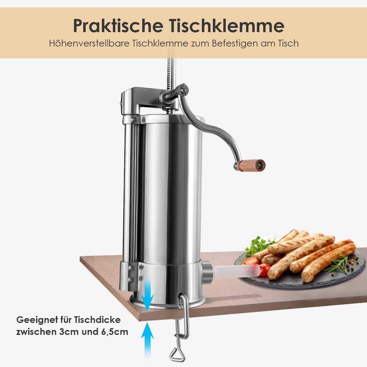 COSTWAY 1.5kg/2.5kg/3kg/5kg Manual Sausage Stuffer, Stainless Steel Sausage Maker, Silver Sausage Filling Machine with Table Clamp, Sausage Injector including Filling Tubes (5KG - 6 Filling Tubes)