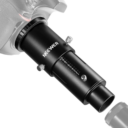 NEEWER Variable 1.25" Telescope Camera Adapter and 1.25" Extension Tube Set, compatible with Nikon DSLR cameras and telescope eyepiece for prime focus and eyepiece projection astrophotography.
