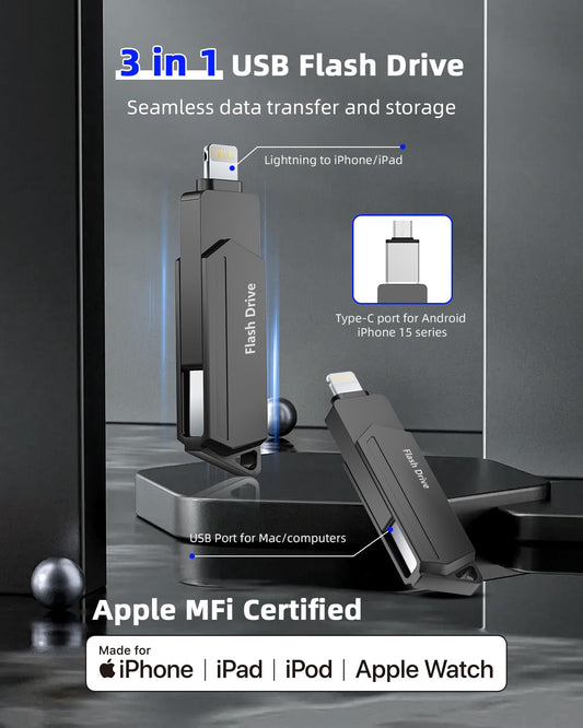 iPhone 512GB MFi Certified 3-in-1 USB 3.0 Lightning External Memory Type C Photostick Storage Stick for iPhone/iPad/iOS/Android/Mac/PC - External Storage (Black)