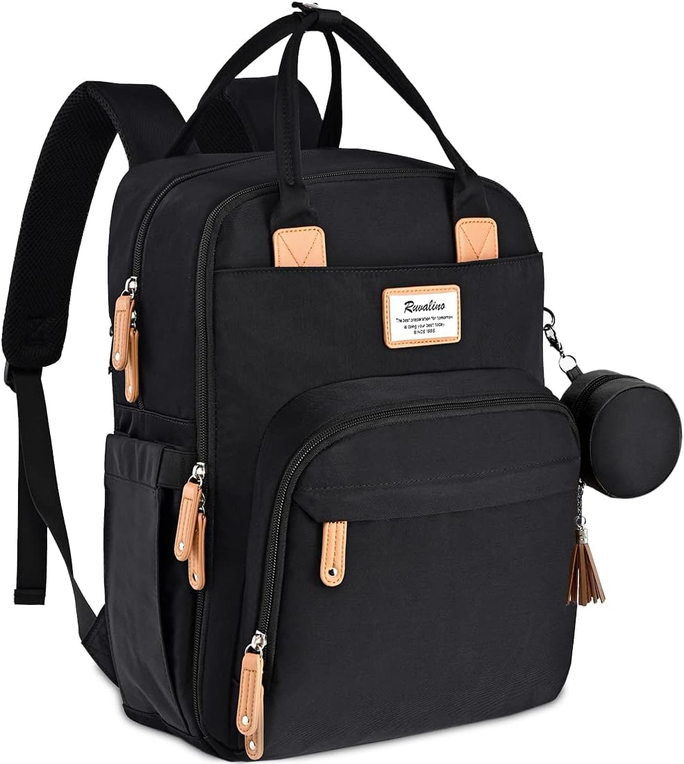 RUVALINO Baby Diaper Backpack, Multifunctional Diaper Bag Travel Backpack Large Capacity Baby Bag with Changing Pad, Waterproof Fabric, Fits on Stroller (Black)