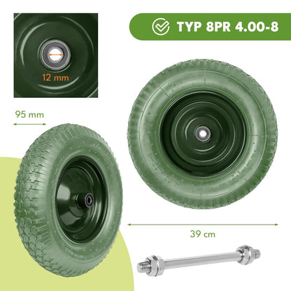 KRUMAD wheelbarrow wheel, puncture-proof, maintenance-free, steel rim, double ball bearings, includes axle, spare wheel for wheelbarrow & transport carts, 4.80/4.00-8, 200 kg load capacity, dark green (PU foam)
