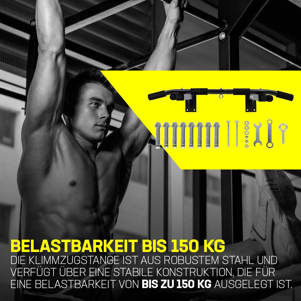 SPORTINATOR® pull-up bar including black accessories for wall mounting, suitable for home gym, various strength exercises, high-quality stainless steel, unisex, supports up to 150 kg.