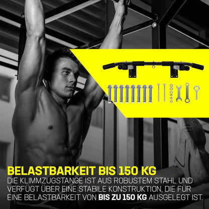 SPORTINATOR® pull-up bar including black accessories for wall mounting, suitable for home gym, various strength exercises, high-quality stainless steel, unisex, supports up to 150 kg.
