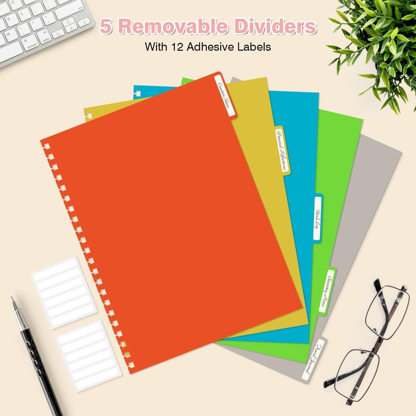Notepad, A4 lined notebook, notebooks with 5 compartments and removable dividers, 300 sheets 100GSM spiral notebook softcover for writing, for work and school supplies, 21.5 x 27.9cm, pink.