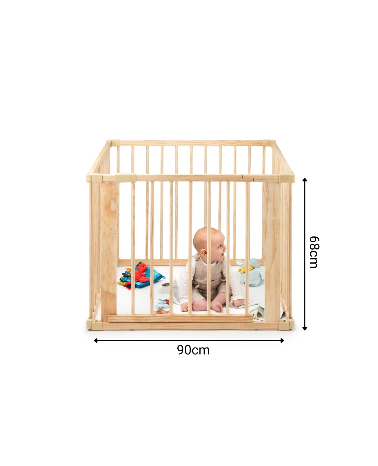 dibea playpen for baby & toddler, sustainable playpen made of light spruce wood with door, 4 elements each 90x68 cm, solid barrier gate protects during crawling & walking attempts, secure safety gate.