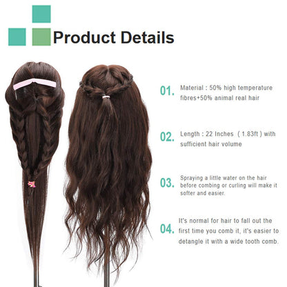 Neverland Practice Head Mannequin Head 22 inches 50% Real Hair Cosmetology Mannequin Head Practice for Hairdressers Cutting & Styling with Clamp + DIY Braid Set