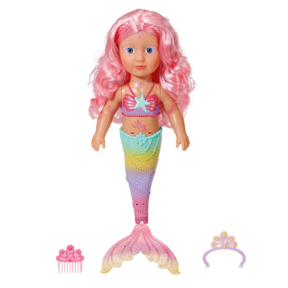 BABY born Little Sister Mermaid 46 cm, waterproof mermaid doll with long hair and movable glitter tail, includes tiara & comb, 833681 Zapf Creation