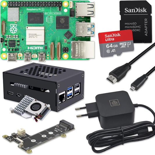 Raspberry Pi 5 8GB PCIe M.2 NVMe - Kit | Metal case | Active cooler | M.2 NVMe SSD PCIe board | USB-C 27W power supply | Ultra 64GB SD card | 4K Micro HDMI cable