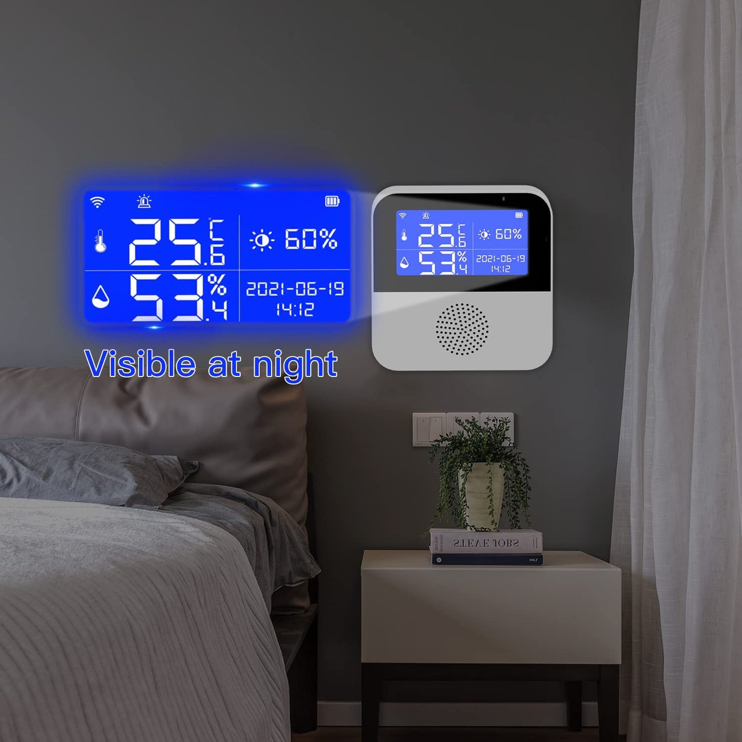 WiFi temperature sensor with waterproof external probe, Tuya smart temperature humidity monitor with backlight LCD display, buzzer alarm & app notification alert. Remote monitor for incubator and wine cellar.