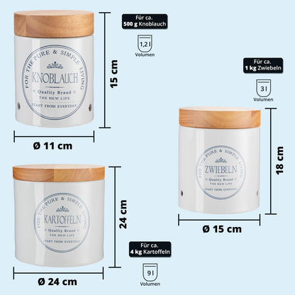 KHG Set of storage containers for potatoes, onions, and garlic, made of ceramic stoneware with white wooden lids, round storage containers labeled for potatoes, onions, and garlic.