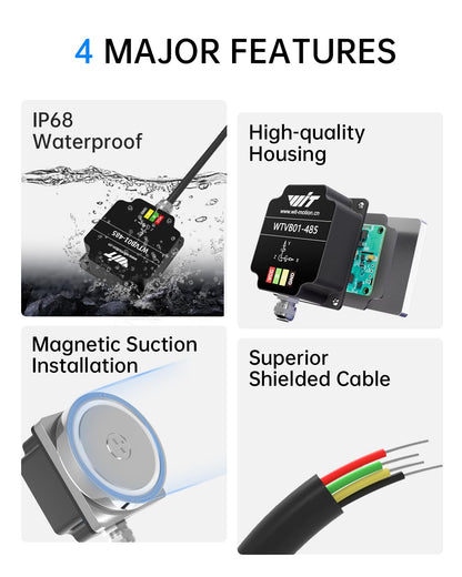 [RS485 Modbus Vibration Sensor] WTVB01-485 IP68 waterproof transducer, 3-axis acceleration vibration detector (frequency + displacement + velocity), motor monitoring module.