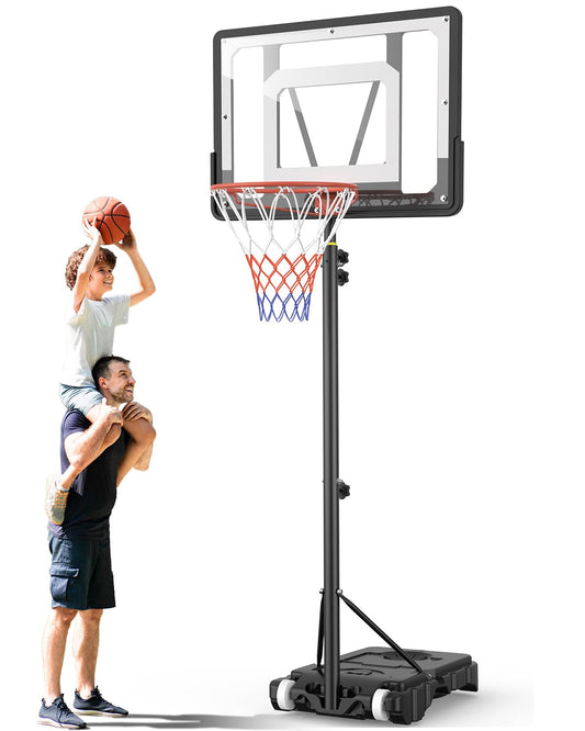 Outdoor basketball hoop for kids with adjustable height of 150-210 cm. Features a 80x60 cm shatterproof backboard, enlarged base, and wheels for easy moving. Ideal for children and teens.