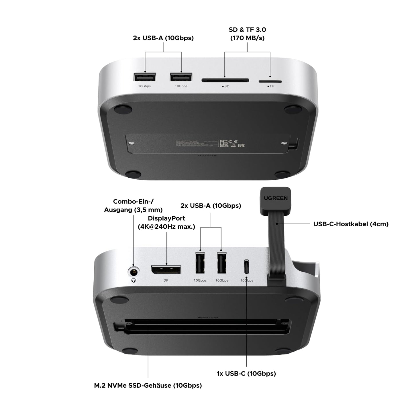 UGREEN Mac mini M4 Dock with DisplayPort (4K@240Hz max.) for dual monitor setups, 10Gbps USB ports, 8TB M.2 NVMe SSD slot, SD/TF card reader & 3.5mm audio Compatible with Mac mini M4/M4 Pro.