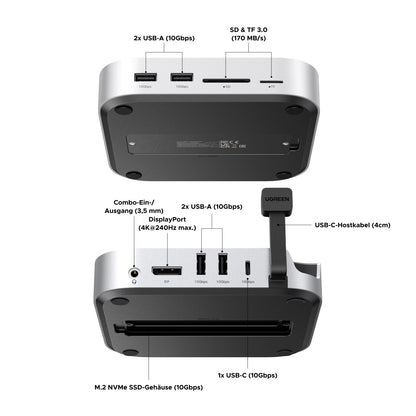 UGREEN Mac mini M4 Dock with DisplayPort (4K@240Hz max.) for dual monitor setups, 10Gbps USB ports, 8TB M.2 NVMe SSD slot, SD/TF card reader & 3.5mm audio Compatible with Mac mini M4/M4 Pro.