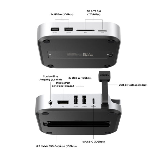 UGREEN Mac mini M4 Dock with DisplayPort (4K@240Hz max.) for dual monitor setups, 10Gbps USB ports, 8TB M.2 NVMe SSD slot, SD/TF card reader & 3.5mm audio Compatible with Mac mini M4/M4 Pro.