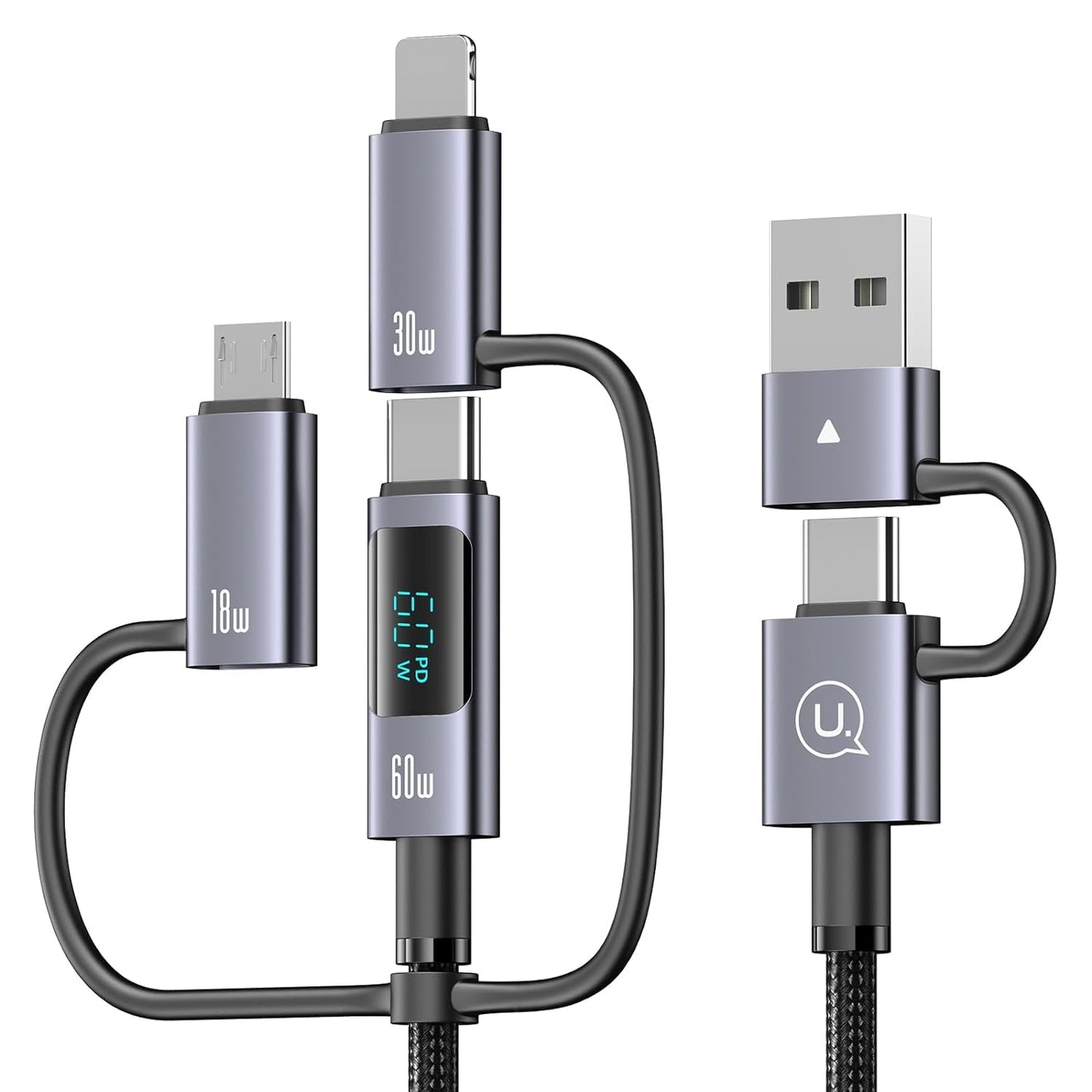 Enablink 6 in 1 Multi USB C Charging Cable, 60W USB Cable, Multiple Fast Charging Cable with LED Display USB A/C to iP/Micro/Type C Nylon Universal Charging Cable for Galaxy S21/S20 Laptop Tablet Phone (1.2M)