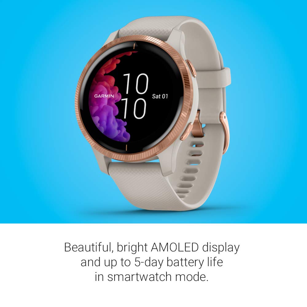 Garmin Venu - waterproof GPS fitness smartwatch with AMOLED display, training plans & animated workouts. 20 sports apps, heart rate monitoring, 5-day battery life, contactless payment, music player.