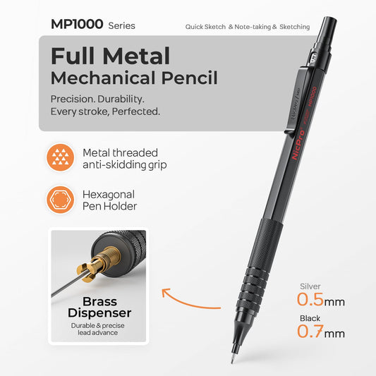 Nicpro 4 pieces mechanical pencils 0.5 mm and 0.7 mm with case, MP1000 metal artist pen set with 8 refill tubes, 3 erasers, for artistic writing, drawing, black and silver.