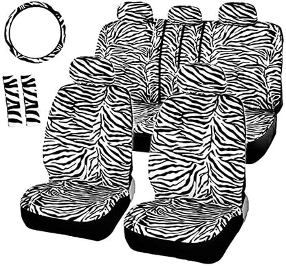 Zebra car seat covers, complete set for front and back seats, includes 2 seat belt pads and universal 15 inch steering wheel cover, fits cars, trucks, SUVs or vans, designed for women (Zebra)
