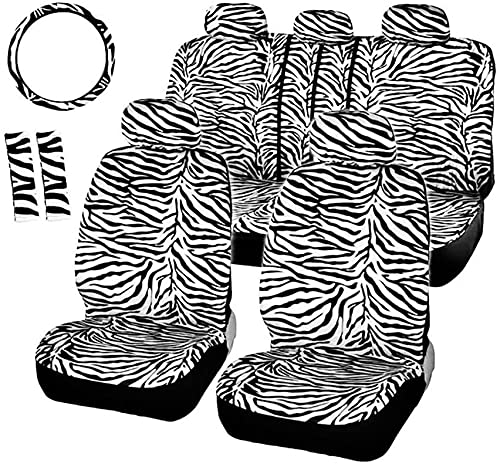 Zebra car seat covers, complete set for front and back seats, includes 2 seat belt pads and universal 15 inch steering wheel cover, fits cars, trucks, SUVs or vans, designed for women (Zebra)