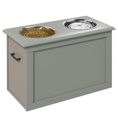 PawHut Raised Dog Bowl Feeder with Storage Compartment Water Bowl 2 x 2000ml Stainless Steel Bowls Dog Bowls Feeding Bowl Feeding Station for Dogs Cats Grey