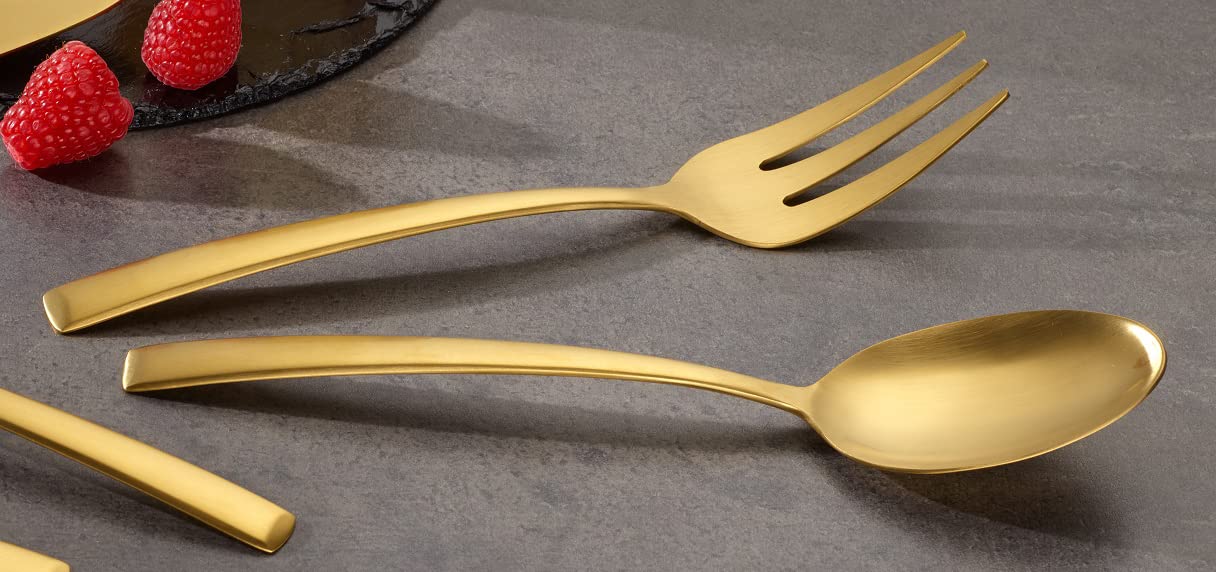 "Avelino" 68-piece PVD gold matte stainless steel flatware set by Echtwerk for 12 people. Includes storage case.
