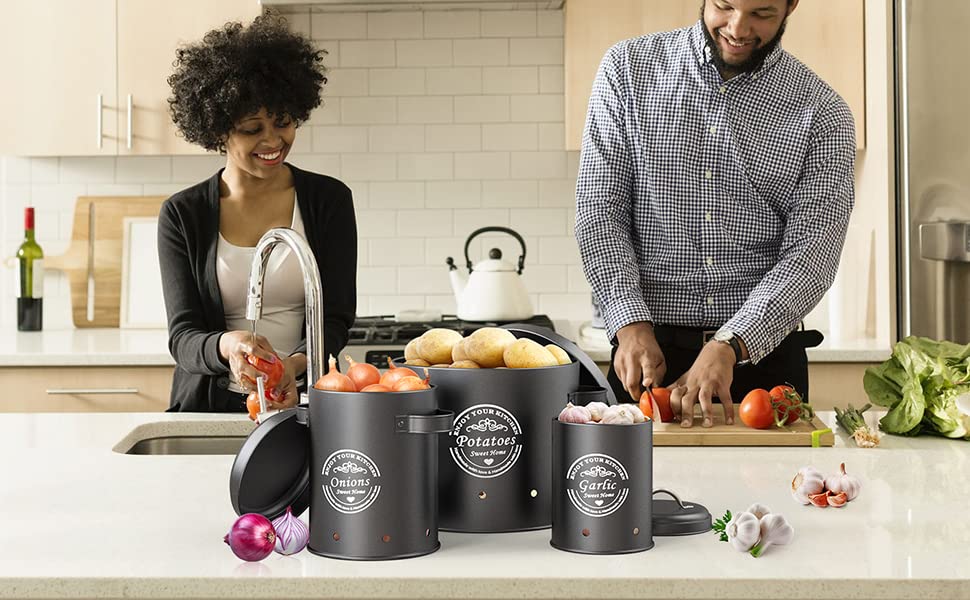 rokrust Potato storage box, onion pot, large metal storage container, kitchen, can store potatoes for a long time (Black)