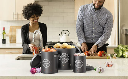 rokrust Potato storage box, onion pot, large metal storage container, kitchen, can store potatoes for a long time (Black)